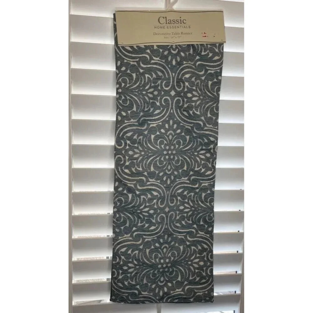 Blue Floral Flower Geometric Damask Table Runner 14” X 72”  NEW Elegant Party‎